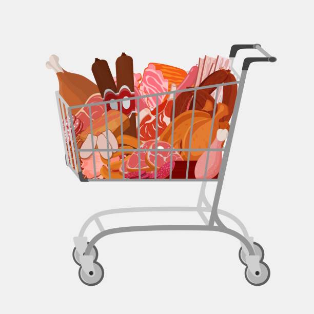 ilustrações de stock, clip art, desenhos animados e ícones de shopping cart with different meat  such as roast chicken and prime rib, sausage, salami and ham, sirlon, bacon, sucuk and smoked meat, turkey and  t-bone steak. vector illustration. - steak meat beef t bone steak