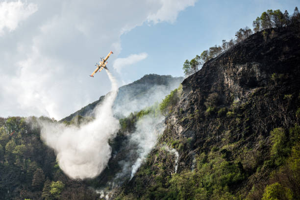 avion de pompier émettant un feu sur la forêt de montagne - airplane stunt yellow flying photos et images de collection