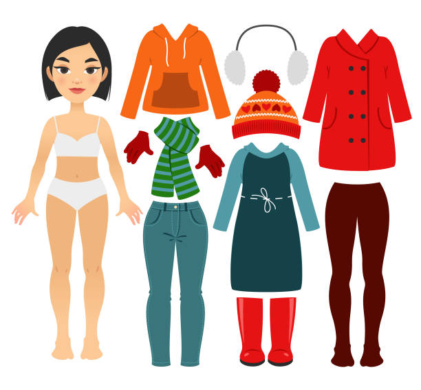 ilustraciones, imágenes clip art, dibujos animados e iconos de stock de conjunto de ropa de abrigo de la chica - vestirse