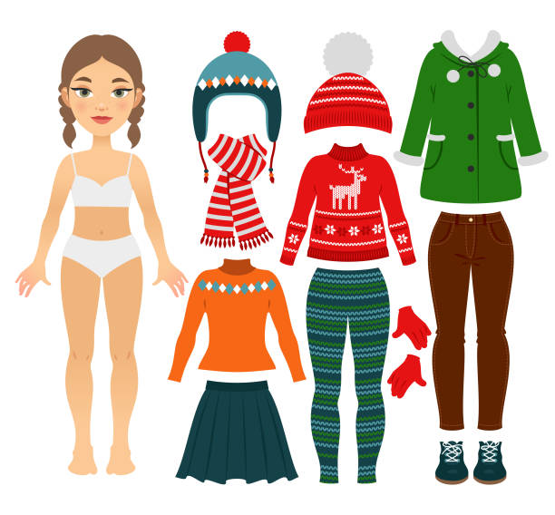 ilustraciones, imágenes clip art, dibujos animados e iconos de stock de conjunto de ropa de abrigo de la chica - vestirse