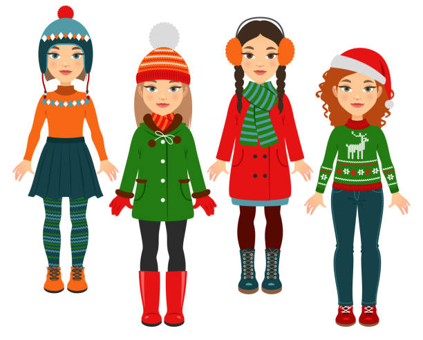 ilustrações de stock, clip art, desenhos animados e ícones de girls in warm clothes - scarf hat green glove