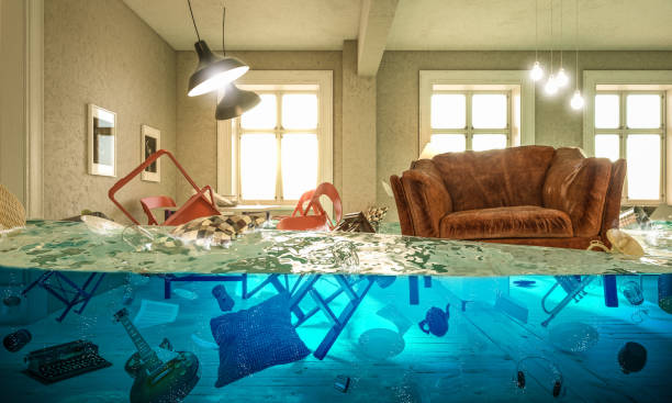 living room flooded with floating chair and no one above. living room flooded with floating chair and no one above. Concept of domestic problems. 3d image render. flood stock pictures, royalty-free photos & images
