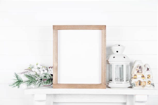 istock Mock up wooden frame on white wall background 1189157453