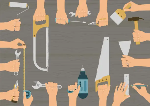 Vector illustration of Set of hands holding diy hand tools