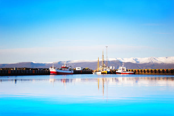 Húsavík, Iceland: Boats in Sunlit Harbor in Early Morning. Copy space in the sky.
