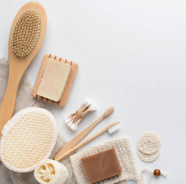 istock Set of bath accessories with handmade eco soap and bamboo toothbrushes 1189159132