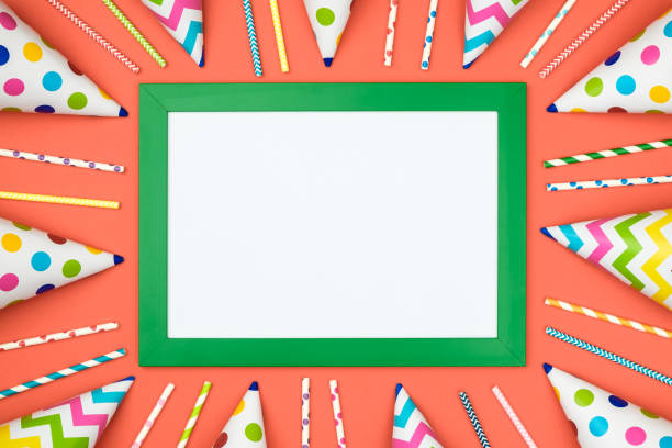 istock White frame on colorful table top view. Mockup for planning birthday or party. Copy space for text. Flat lay. Festive greeting background 1189165994