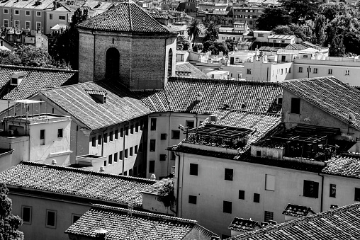 Old roofs in Rome, Italy. Black and white effect