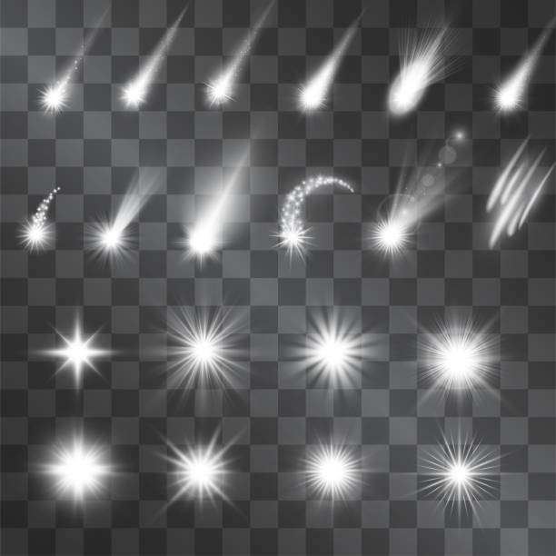 Vector silver sparkle light effect, meteorites, shooting stars. Decorative white illumination shining sources. Glistening set of flashes and highlights on transparent background for decorative purpose Vector silver sparkle light effect, meteorites, shooting stars. Decorative white illumination shining sources. Glistening set of flashes and highlights on transparent background for decorative purpose sundog stock illustrations