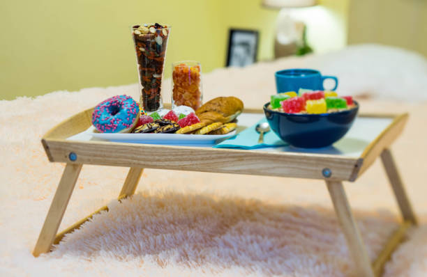istock Close-up of tray with breakfast composition. Blurred. 1189170999