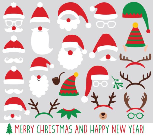 Santa Claus and elf hats, reindeer antlers, Christmas party vector set Santa Claus and elf hats, reindeer antlers, Christmas party vector set mask disguise illustrations stock illustrations