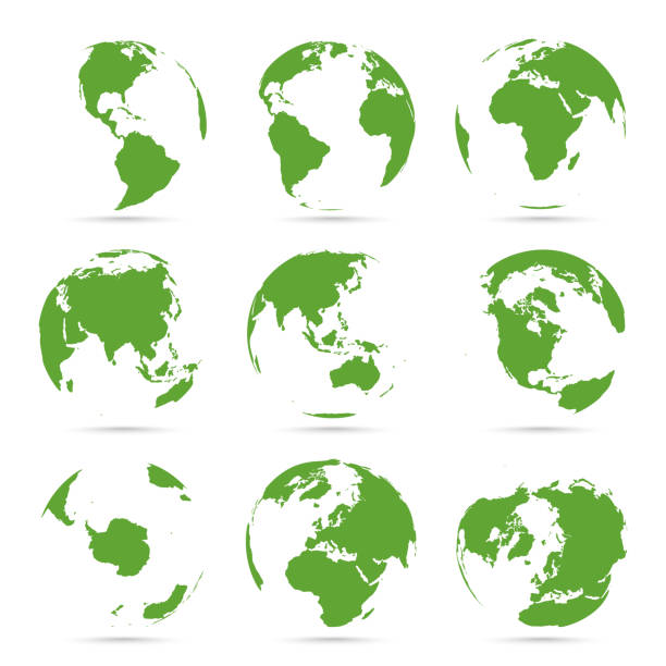 globen icon sammlung. grüner globus. planet mit kontinenten - map square shape usa global communications stock-grafiken, -clipart, -cartoons und -symbole