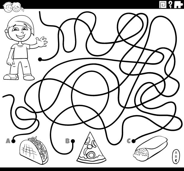maze game with boy and food objects color book Black and White Cartoon Illustration of Lines Maze Puzzle Activity Game with Boy Character and Food Objects Coloring Book Page taco-drawing stock illustrations