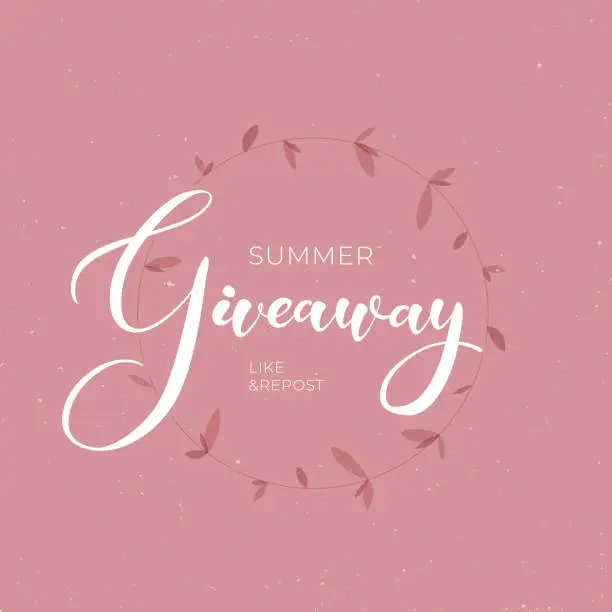 Vector illustration of Lettering giveaway vector illustration for like or repost advertising in social network. Banner of giving present for business. Elegant red leaf isolated on pink background with calligraphy text.