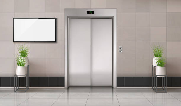 ilustraciones, imágenes clip art, dibujos animados e iconos de stock de pasillo de oficina con ascensor y pantalla de tv - modern office