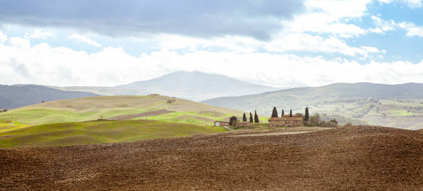 tuscany landscape val d'orcia italy toscana - val tuscany cypress tree italy imagens e fotografias de stock