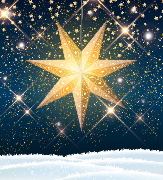 Christmas star lantern in Scandinavian style with stardust on dark blue sky, illustration vector art illustration