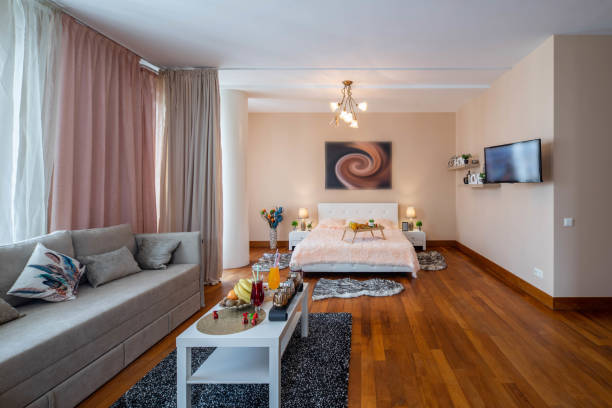 istock Modern interior of studio apartment. King-size bed. 1189184667