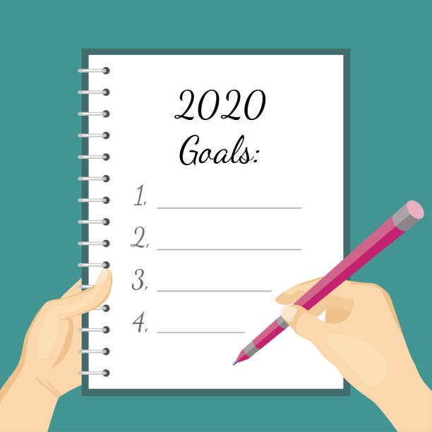 istock 2020 goals. Hands hold notebook and pen and writing resolutions for the New Year. Vector illustration in cartoon simple flat style. 1189186005