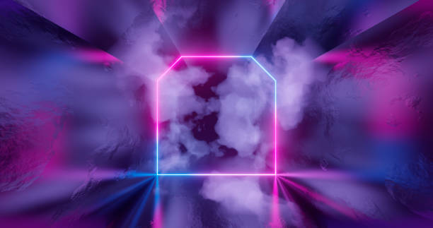 istock 3d render. Geometric figure in neon light against a dark tunnel. Laser line glow. Neon backgrounds 1189187545