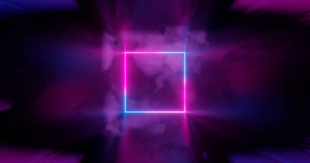istock 3d render. Geometric figure in neon light against a dark tunnel. Laser line glow. Neon backgrounds 1189187548