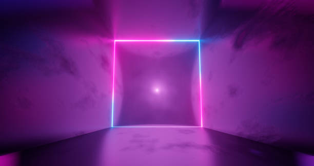 istock 3d render. Geometric figure in neon light against a dark tunnel. Laser line glow. Neon backgrounds 1189187555