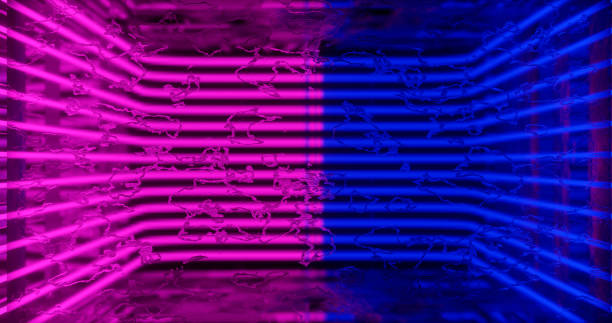 istock 3d render. Geometric figure in neon light against a dark tunnel. Laser line glow. Neon backgrounds 1189187556