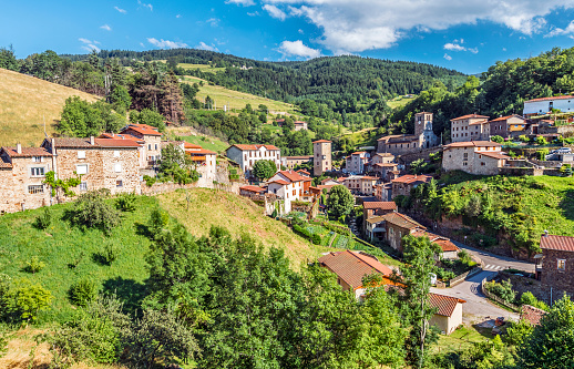 View at Doizieux commune in Pilat Regional Natural Park, the protected area in French Auvergne-Rhone-Alpes region.
