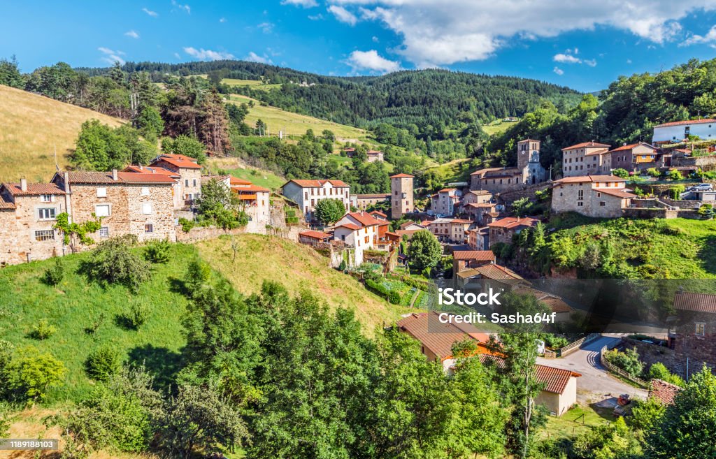 View at Doizieux commune in Pilat Regional Natural Park, the protected area in French Auvergne-Rhone-Alpes region. Auvergne Stock Photo