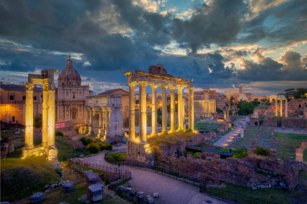 istock Forum Romanum archeological site in Rome with dramatic colorufl sky 1189190162