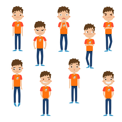 Collection set of a cute brown-haired boy in blue pants with different facial emotions. Various face expressions concept. Colorful vector flat isolated icons set on white background.