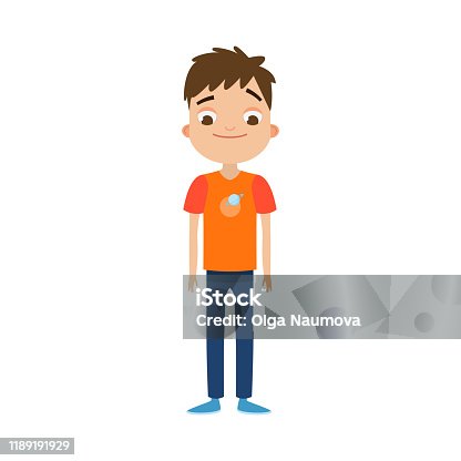 istock The cute brown-haired boy in blue pants standing with a friendly face. Vector illustration in flat cartoon style. 1189191929