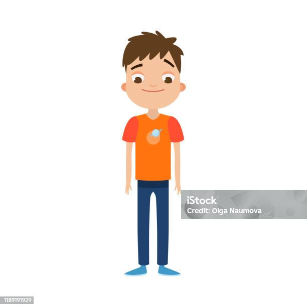 The Cute Brownhaired Boy In Blue Pants Standing With A Friendly Face Vector  Illustration In Flat Cartoon Style Stock Illustration - Download Image Now  - iStock