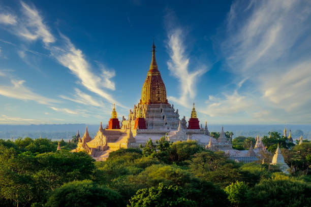 Landscape view of Ananda temple in old Bagan area, Myanmar Landscape view of buddhist Ananda temple in old Bagan area, Myanmar (Burma) bagan archaeological zone stock pictures, royalty-free photos & images