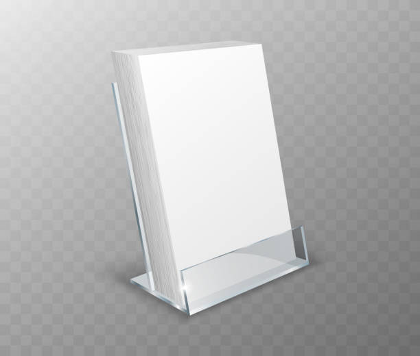 Acrylic holder, table display with blank cards Acrylic holder, table display, glass plastic stand or desk rack with blank cards, realistic vector illustration. Clear desk holder, office organizer isolated on transparent plate rack stock illustrations