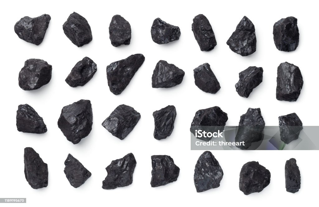 Black Coal Collection Isolated On White Background Black coal collection isolated on white background. Top view, flat lay Coal Stock Photo