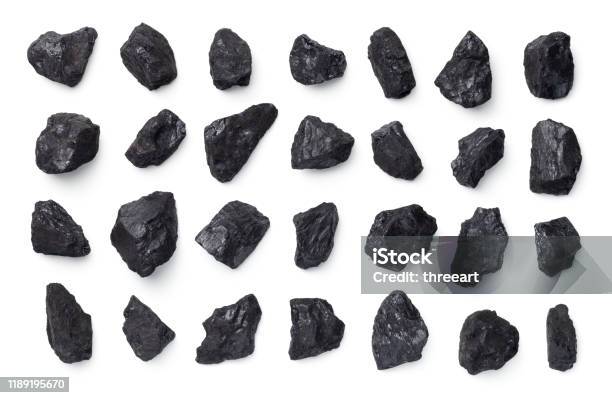 Black Coal Collection Isolated On White Background Stock Photo - Download Image Now - Coal, Cut Out, Rock - Object