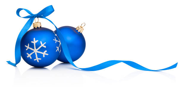 istock Two blue Christmas decoration bauble with ribbon bow isolated on white background 1189196887