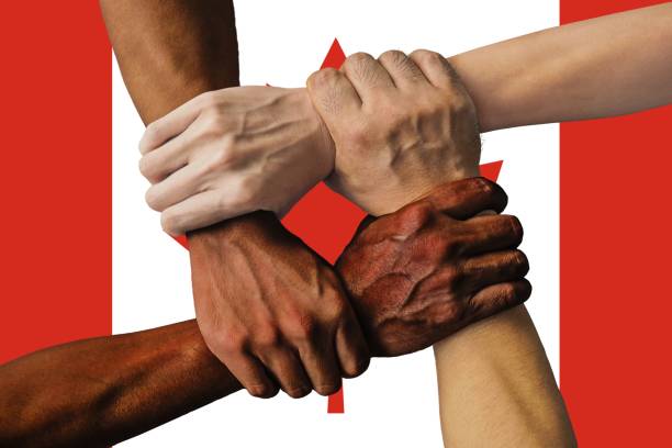 istock Canada flag, intergration of a multicultural group of young people 1189199848