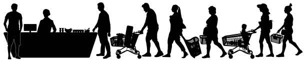 Cashier at cash desk supermarket. Crowd of shoppers black friday. line in store at checkout. Vector silhouette isolated Cashier at cash desk supermarket. Crowd of shoppers black friday. line in store at checkout. Vector silhouette isolated silhouette symbol computer icon shopping bag stock illustrations