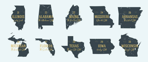 установить 3 из 5 высоко детализированных векторных силуэтов сша государственных карт с именами и территориальными прозвищами - alabama stock illustrations