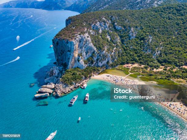 Aerial View Of Famous Cala Luna Beach Sardinia Stock Photo - Download Image Now - Sardinia, Beach, Italy