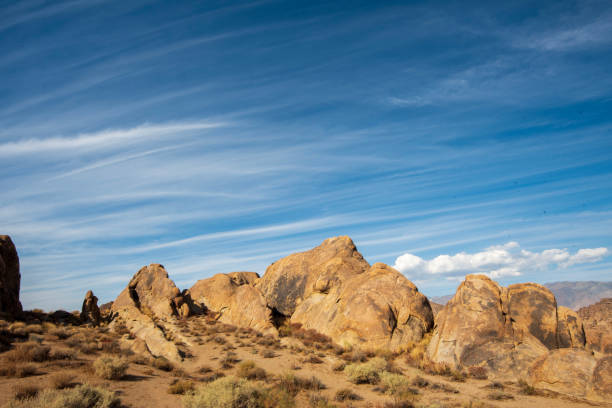 istock striped clouds in blue sky above desert rock formations 1189205068