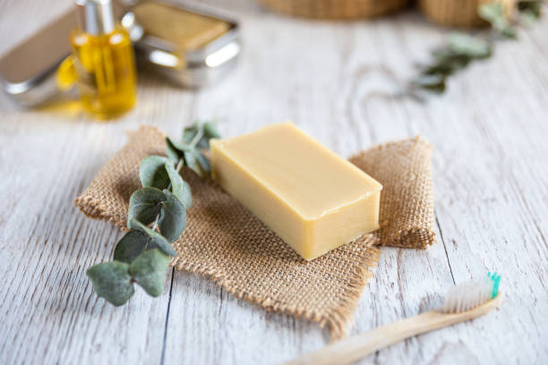 Natural bathroom product, handcrafted soap with bamboo toothbrush, horizontal