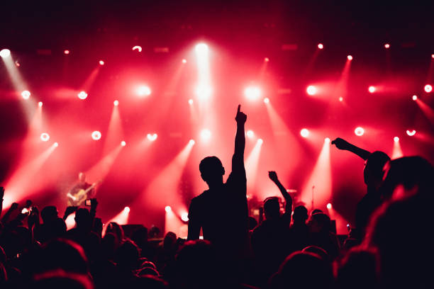 cheering crowd of unrecognized people at a rock music concert. concert crowd in front of bright stage lights. Concert audience at music concert. Smoke, concert spotlights. stock photo