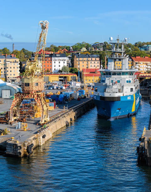 Swedish Coast Multi Purpose Vessel Kbv 002 Triton The Ships In Its Fleet Annual Inspection At Dry Dock On Old At Beckholmen Stockholm Sweden Stock Photo - Download