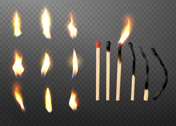 Realistic 3d match stick and different flame icon set. Whole and burnt matchstick. Stages of burning the match. you and me stock illustrations