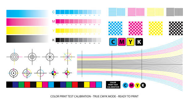 ilustrações, clipart, desenhos animados e ícones de esquema de mistura de cores ou conceito de calibração de teste de impressão de cores. - printing press print printout colors