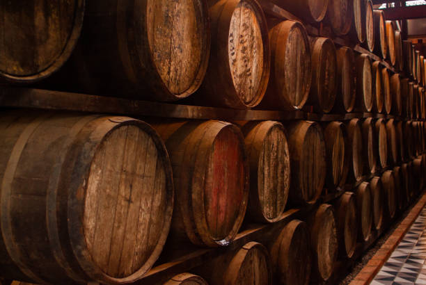 almacenamiento de varios barriles de bebida - winery wine cellar barrel fotografías e imágenes de stock