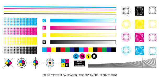 ilustraciones, imágenes clip art, dibujos animados e iconos de stock de esquema de mezcla de color o concepto de calibración de prueba de impresión a color. - tóner